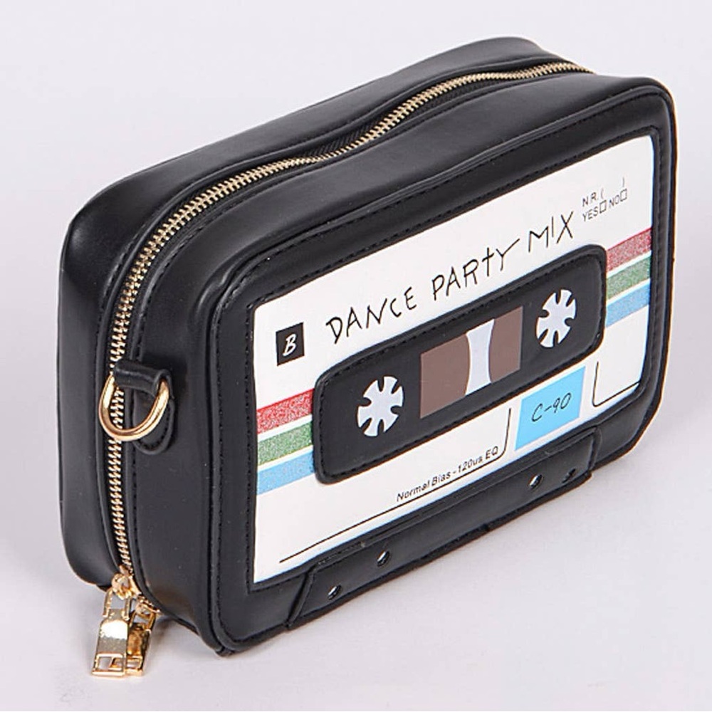 Black Clutch with Cassette Tape Design and Zipper Closure